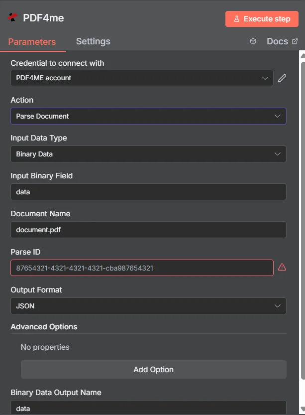 Configurazione del nodo di analisi del documento in n8n